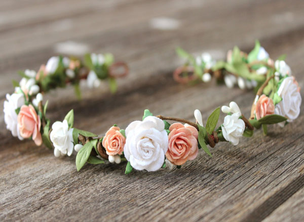 Fall Peach Wedding Flower Crown White Floral Headband Hair Wreath